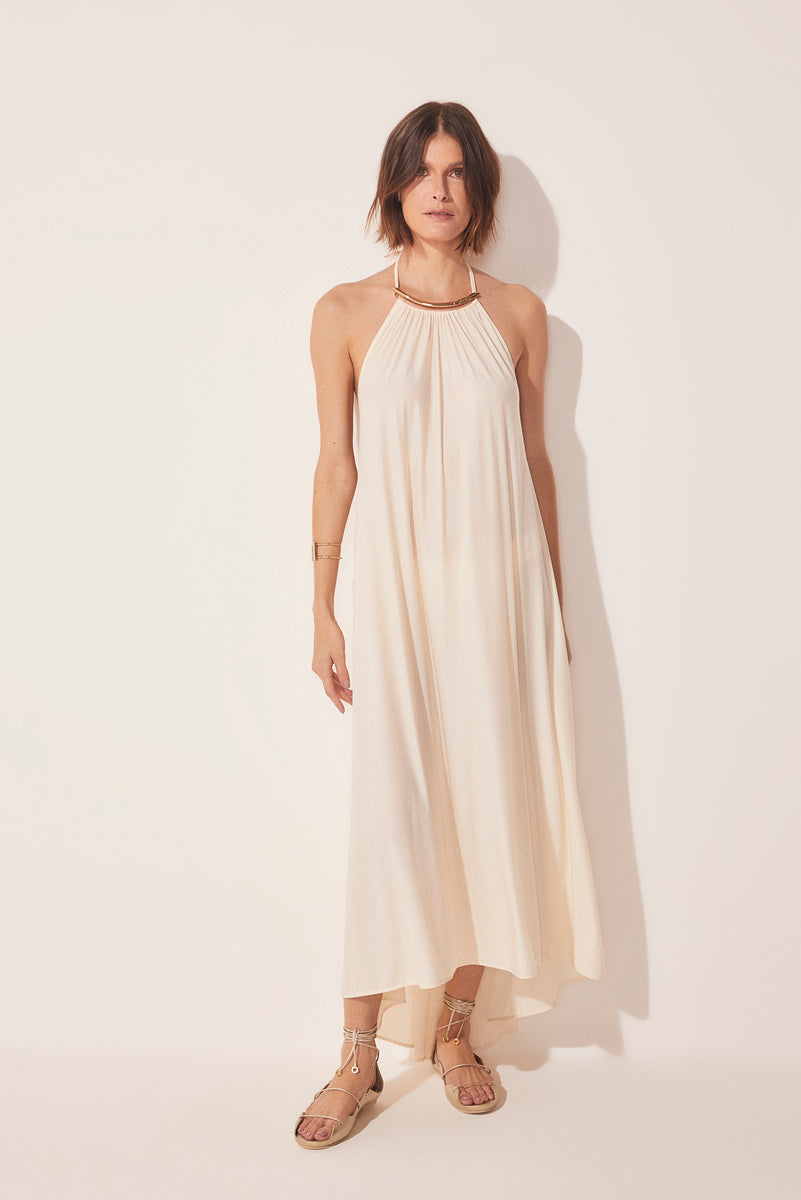 ワンピース DIAGONAL : 25SS / HALTERNECK LONG DRESS (2COLORS) Long one-shoulder zigzag dress with sequins and fringes