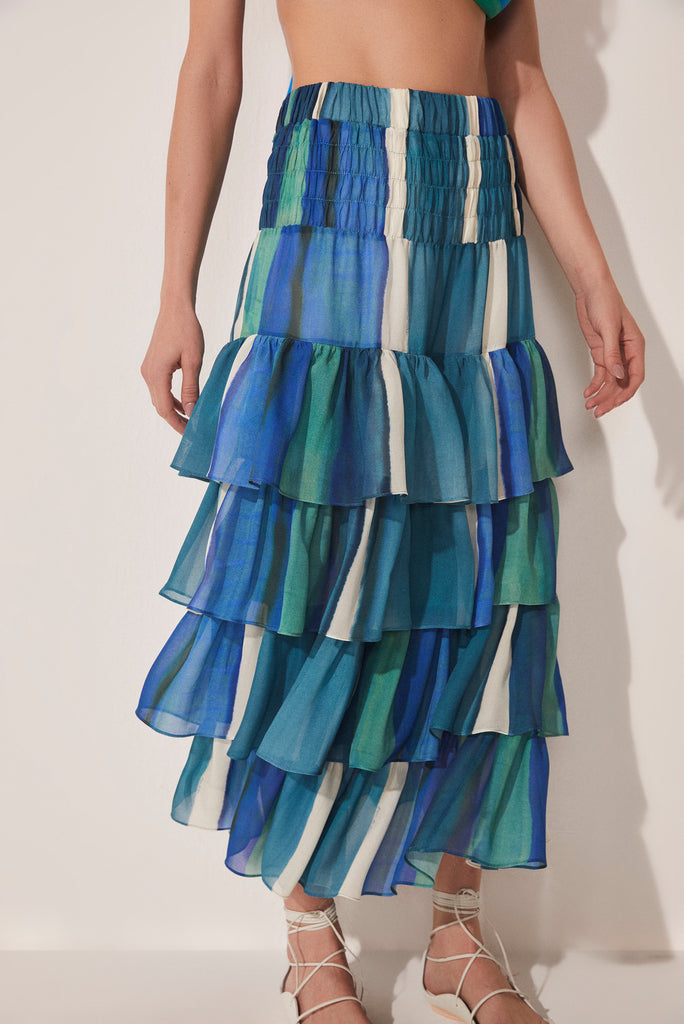 Striped Water Mirror Ruffled Midi Skirt E4617A1643