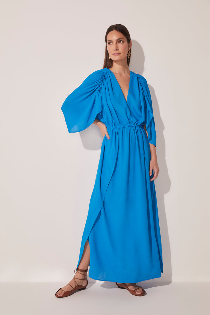 Fluid Water Ruched V Neckline Long Dress E4622A1644
