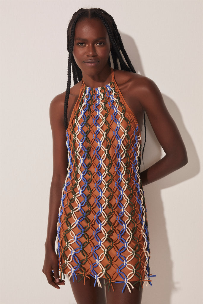 Tropical Mix Halter Top Short Dress With Macramé E4623A1651