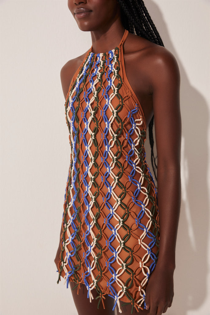 Tropical Mix Halter Top Short Dress With Macramé E4623A1651