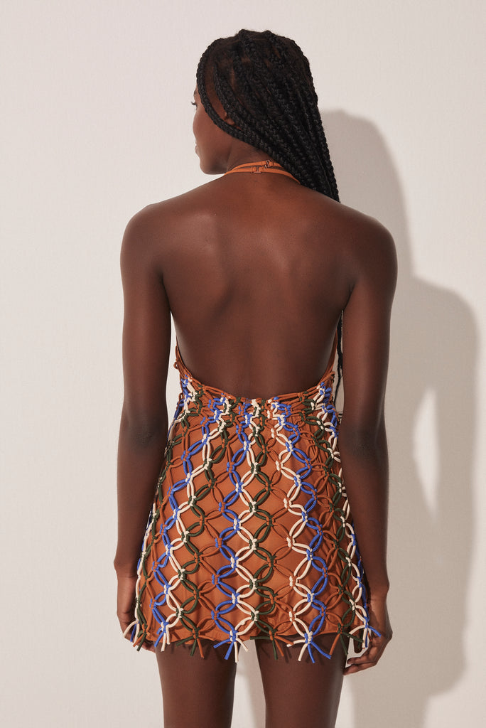 Tropical Mix Halter Top Short Dress With Macramé E4623A1651