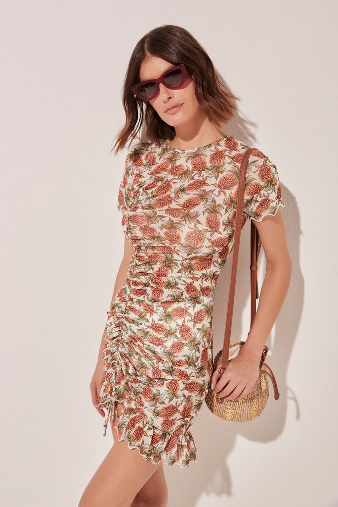 Pineapple Ruched Short Dress With  Ties E4653A1584