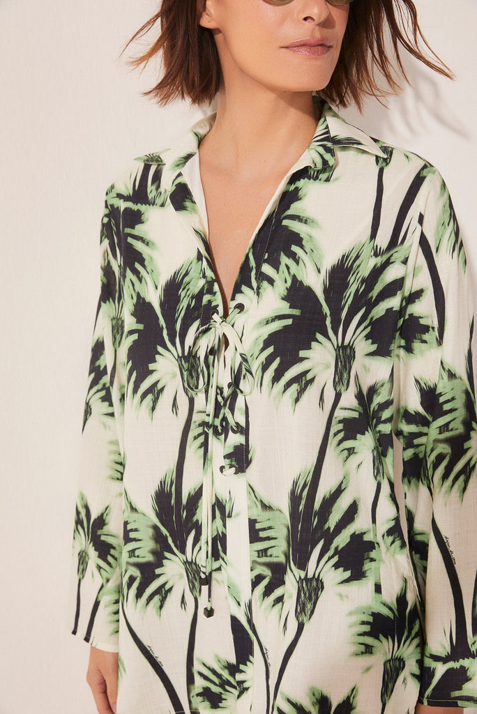 Ikat Coconut Trees Long Sleeve Shirt With Eyelets E4614A1636