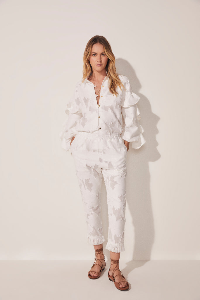 Jacquard Coconut Tree Sraight Leg Pants With Fringes E4911A1710