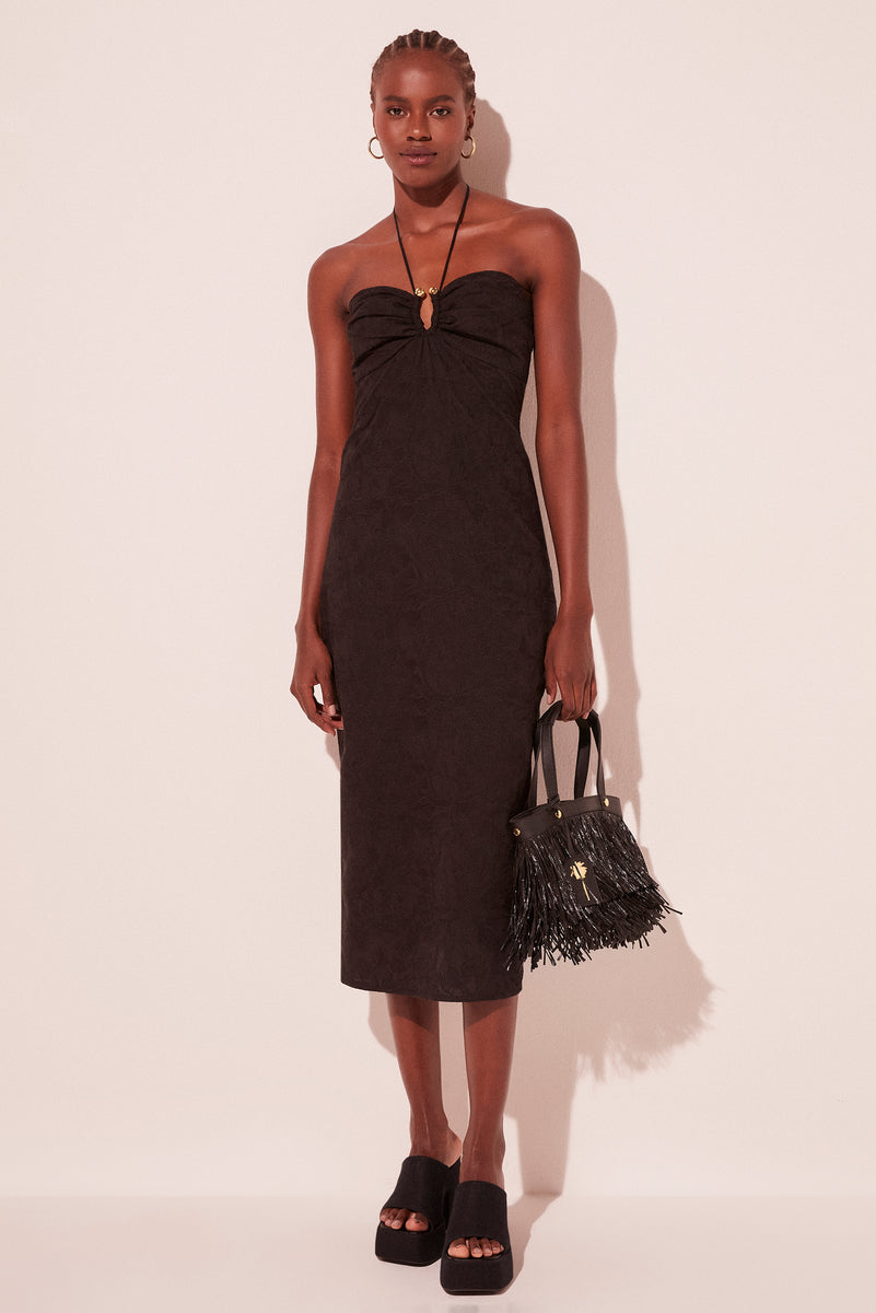 ribka halterneck midi dress in orchids flock black Black Orchid Halterneck Midi Dress E5400A2095