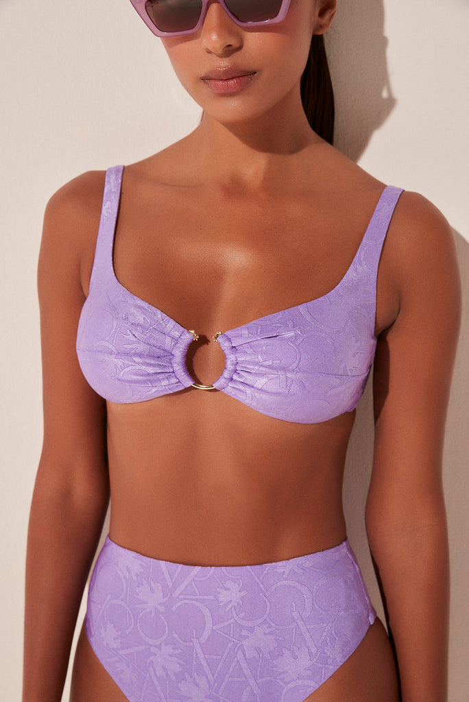 Salvia Flower Strappy Bikini Top With Hoop S1815B1938