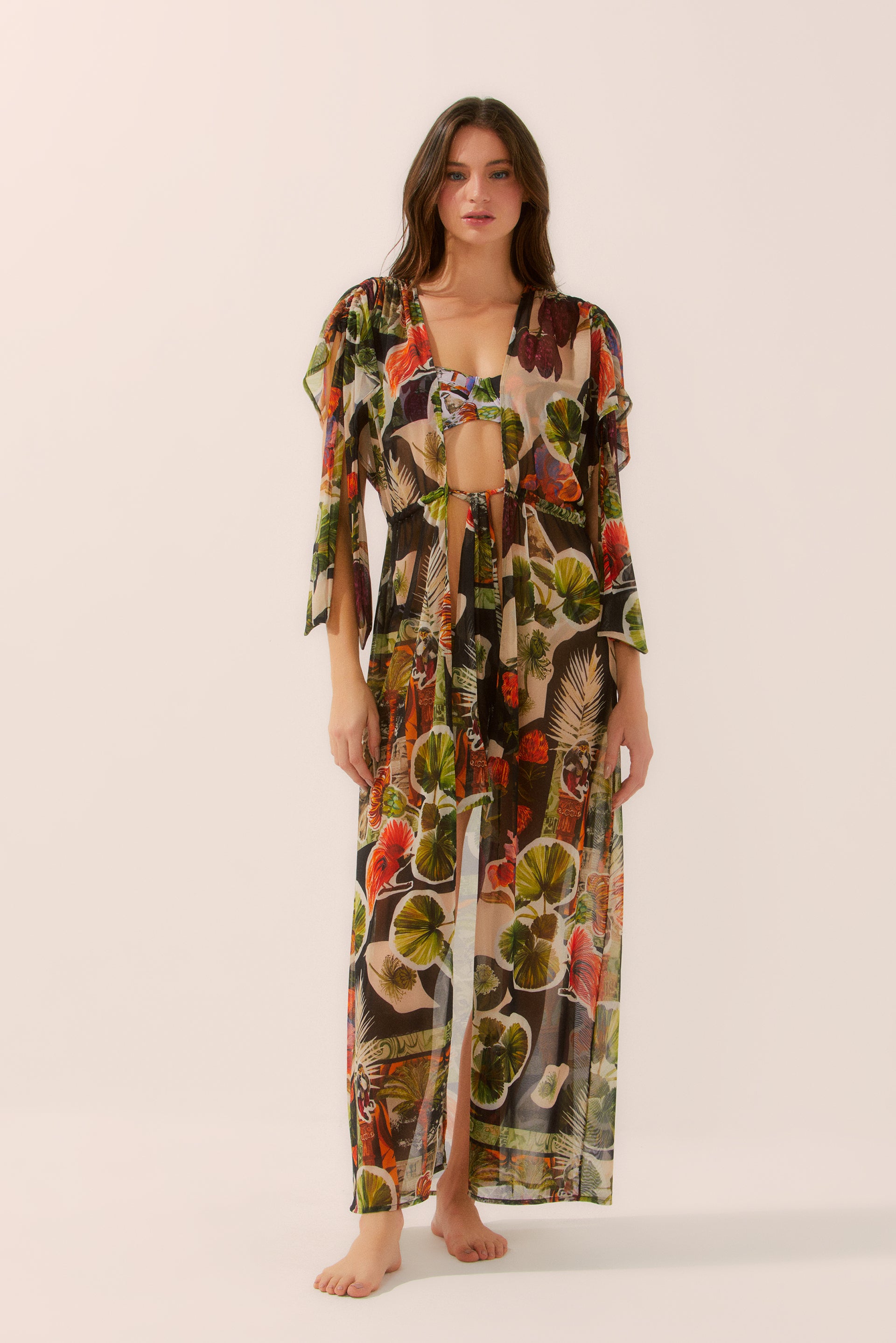 Botanic Collage Long Cape With Adjustable Sleeves E3870A1446 - Product item main image