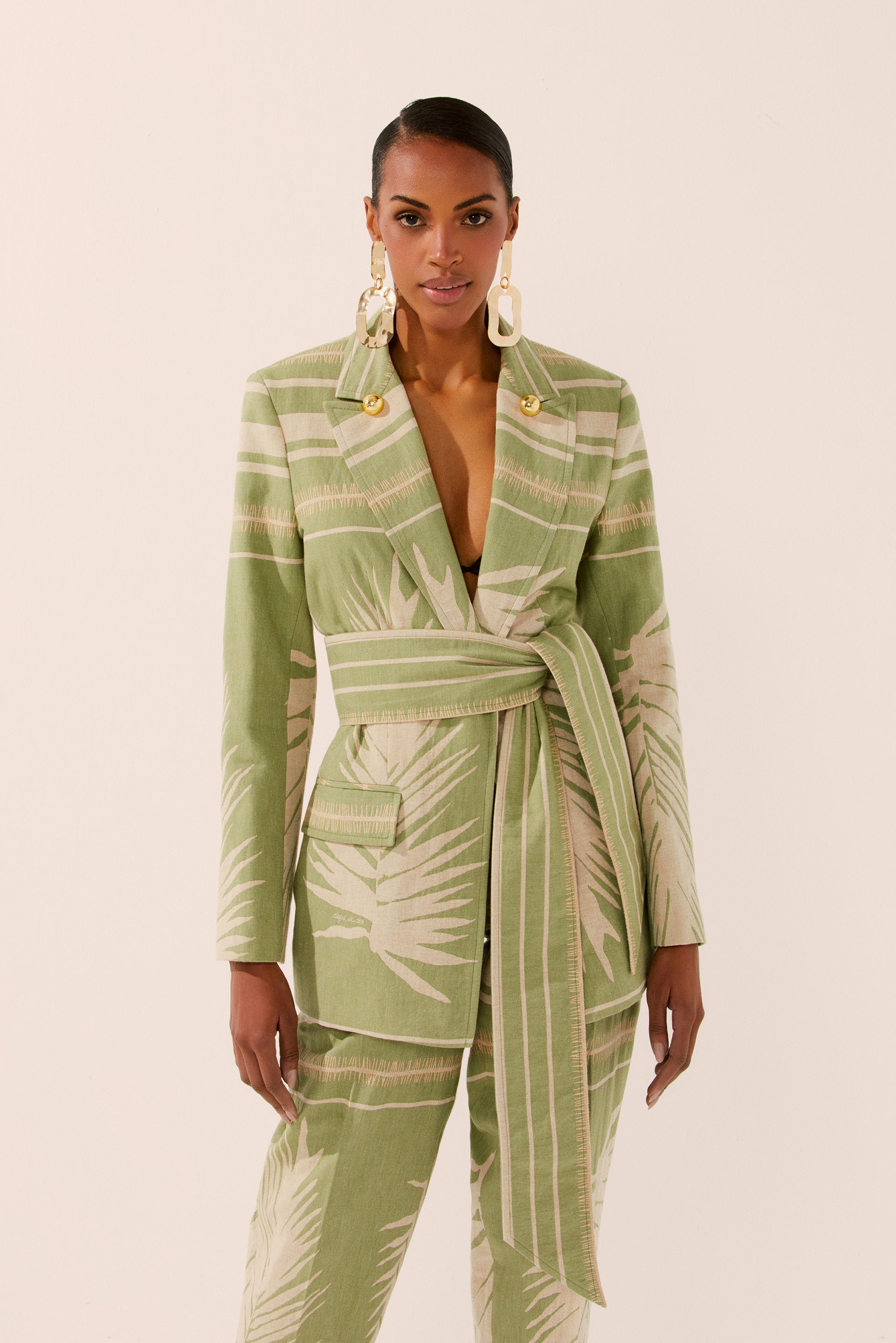 Jacquard Leaves Blazer With Sash E4408A1464 - Product item main image