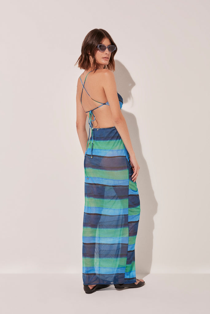 Striped Water Mirror Long Dress With Ruched Bust E4448A1643