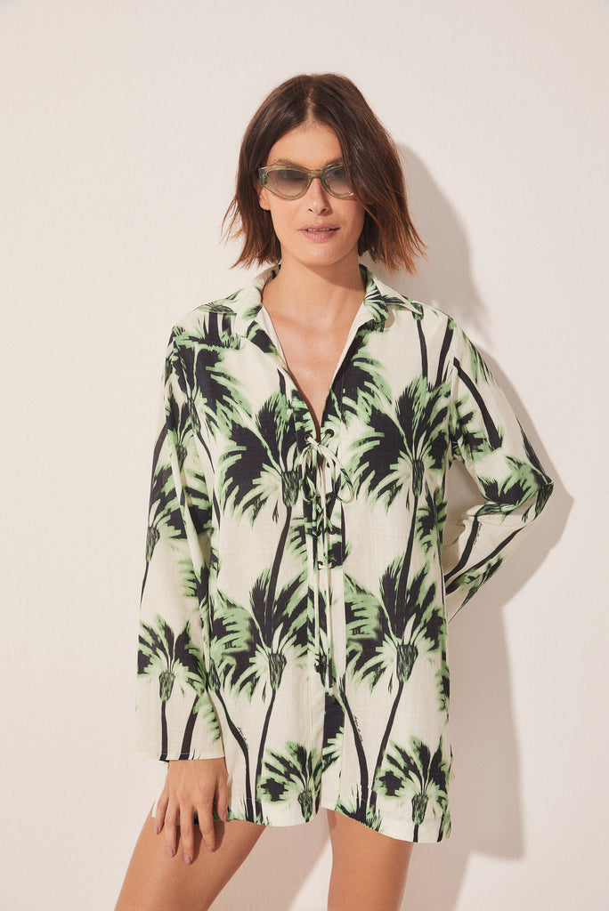 Ikat Coconut Trees Long Sleeve Shirt With Eyelets E4614A1636