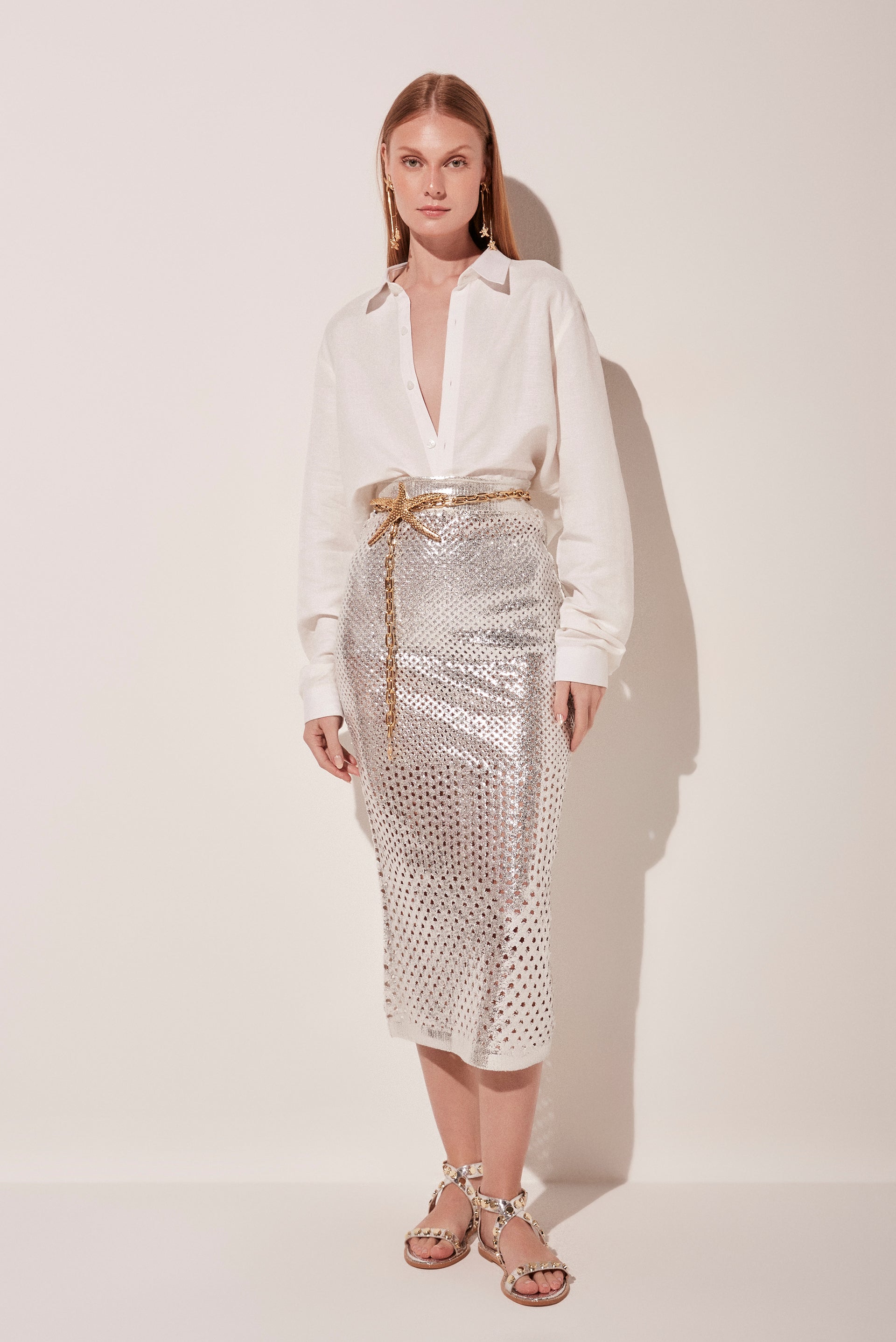 Metallic Tricot Midi Pencil Skirt E4763A1822 – Agua de Coco
