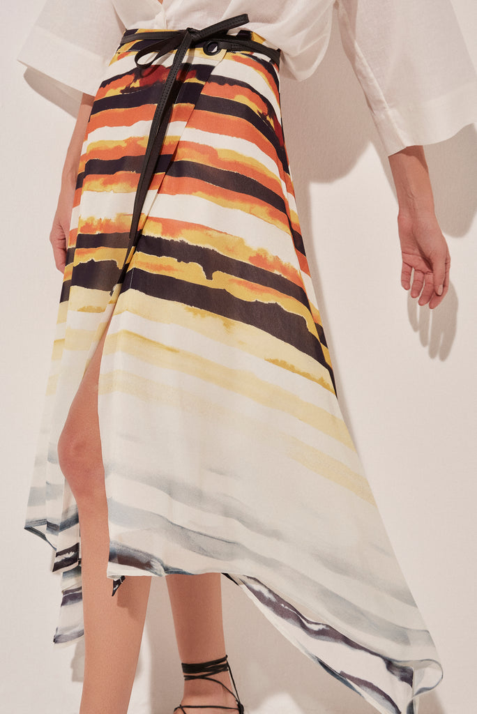 Striped Fish Midi Skirt With Leather Straps E4915A1728