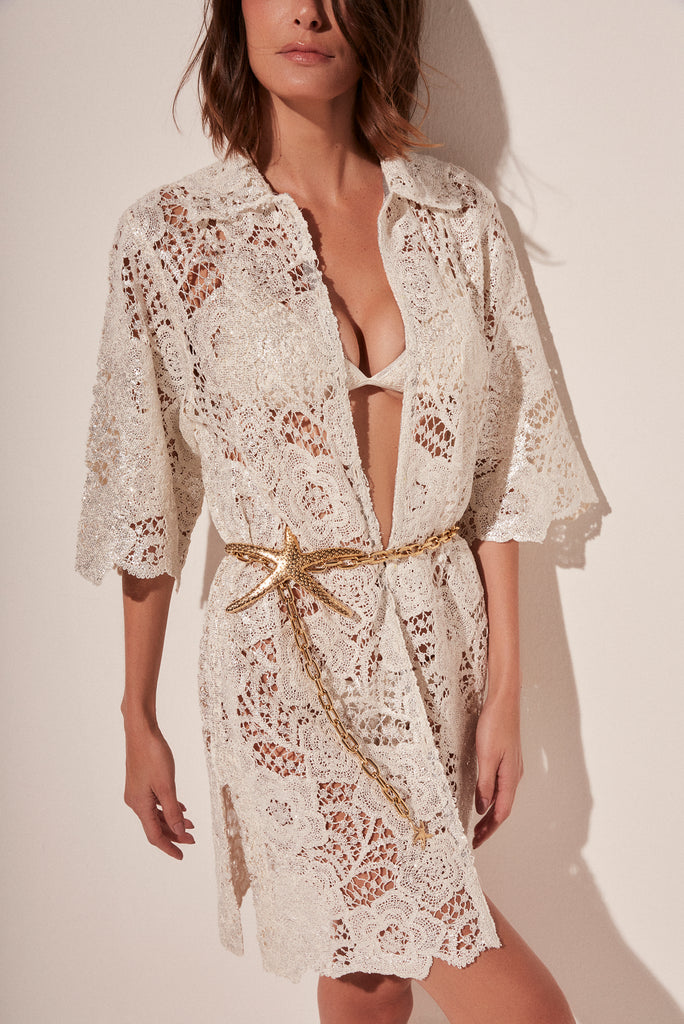 Glittering Lace Short Shirt Dress With Foil E4942A1835 Agua de Coco Glittering Lace Short Shirt Dress With Foil E4942A1835 Agua de Coco