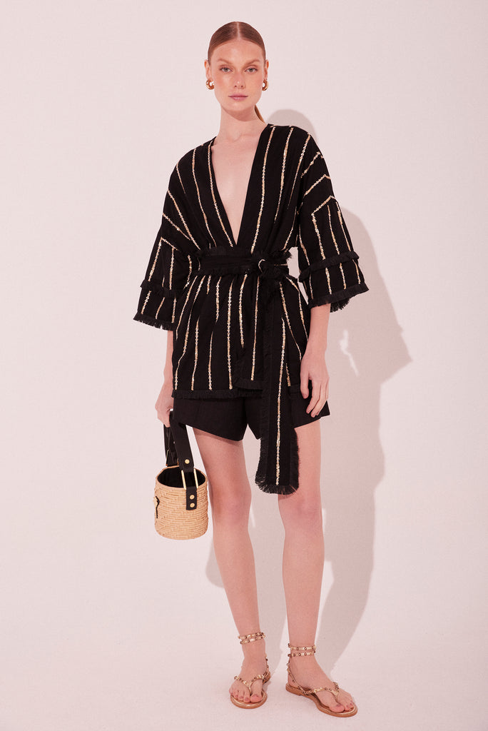 Black Lightness With Fringes Short Kimono Cape E5517A2223 - Product item main image