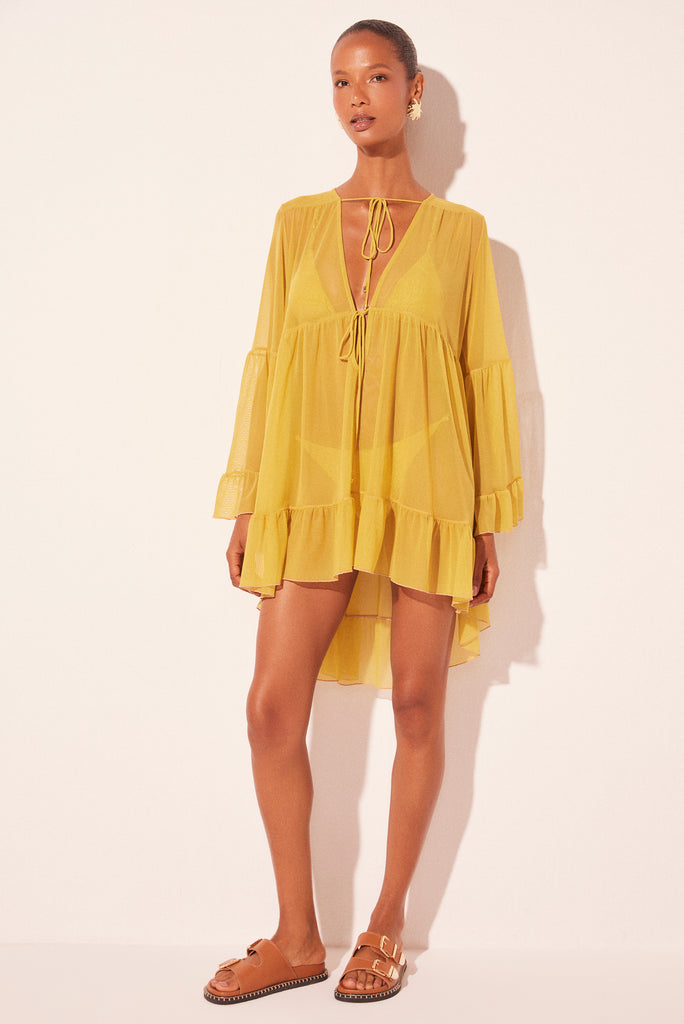 yellow long sleeve dress short Lace-Up Short Yellow Print Casual Dress with Sleeves Buttercream Yellow Floral / Large