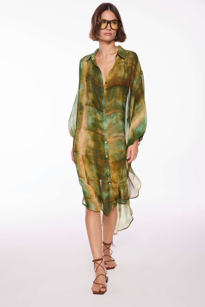 verdigris with puff sleeves midi shirt dress e6589a3009