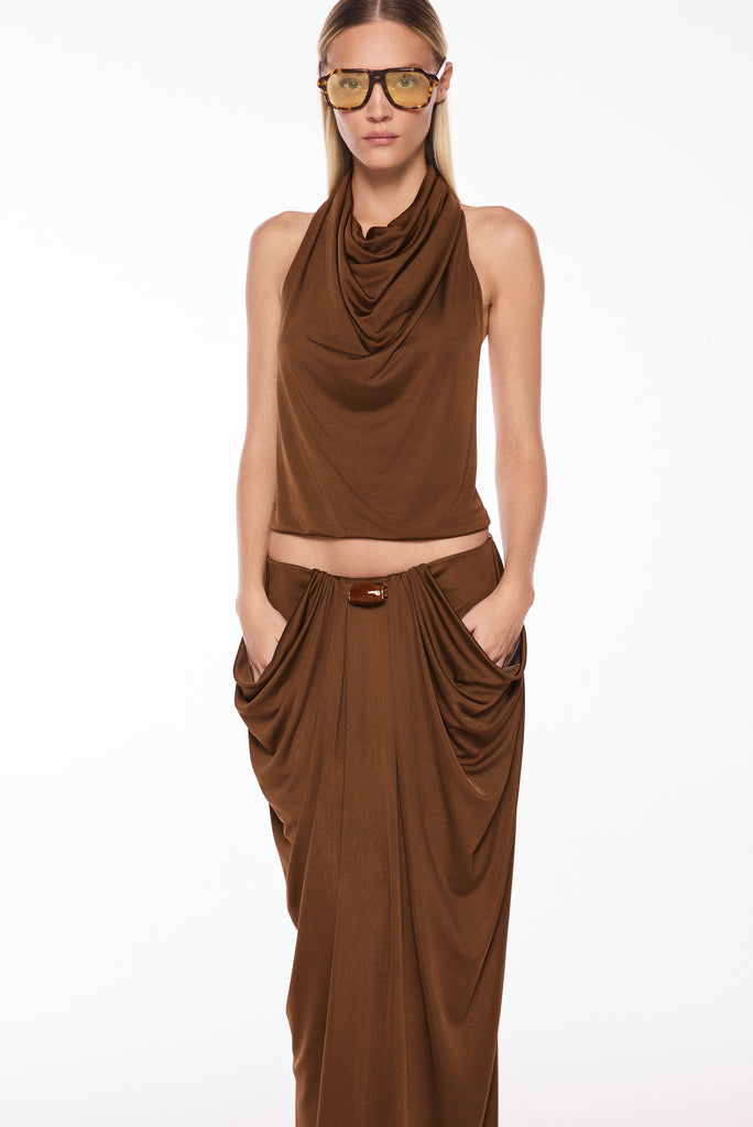 brown amber detailed draped long skirt e7035a3043