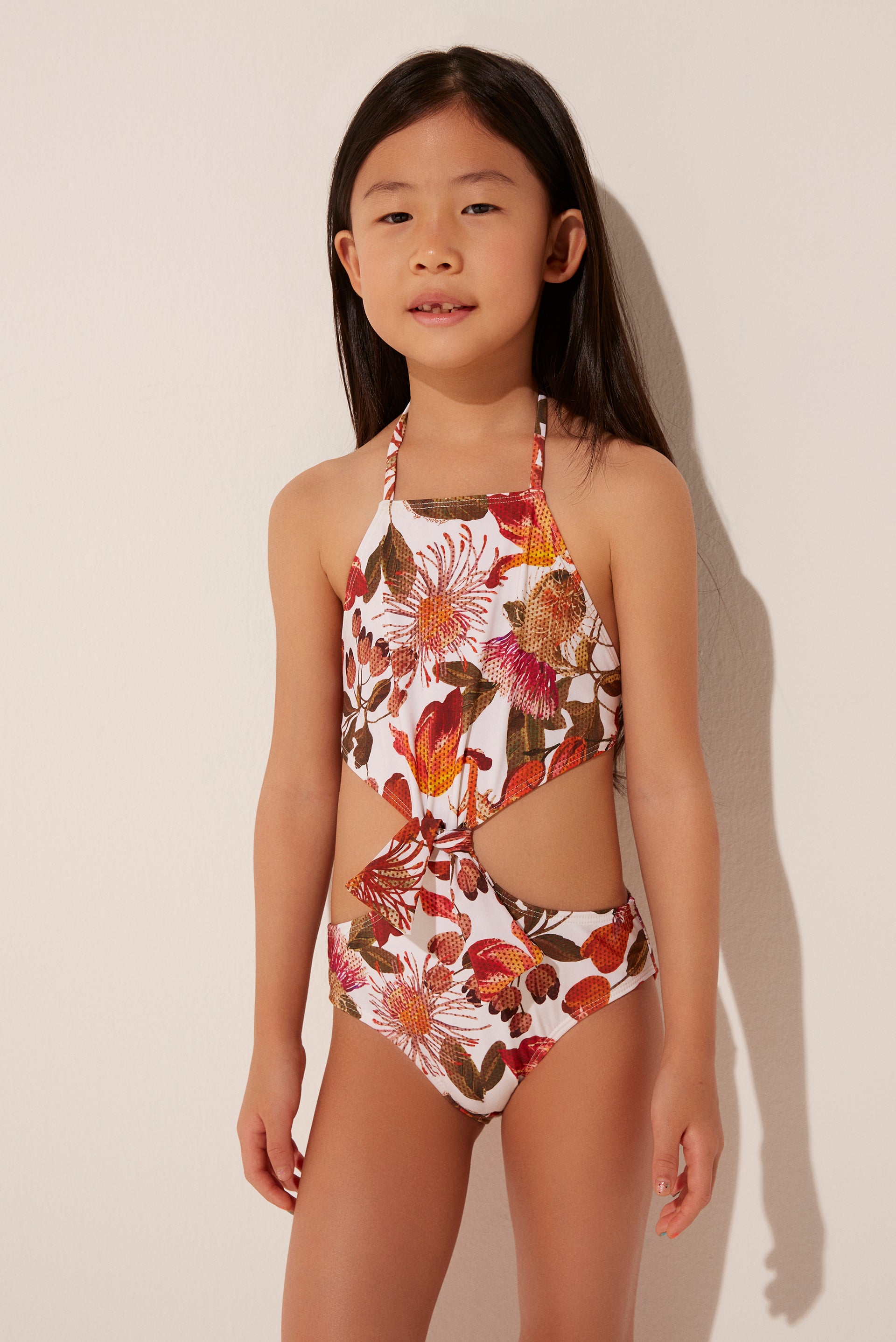 Floral Straw Cut-Out Kids One Piece With Knot M367I1886