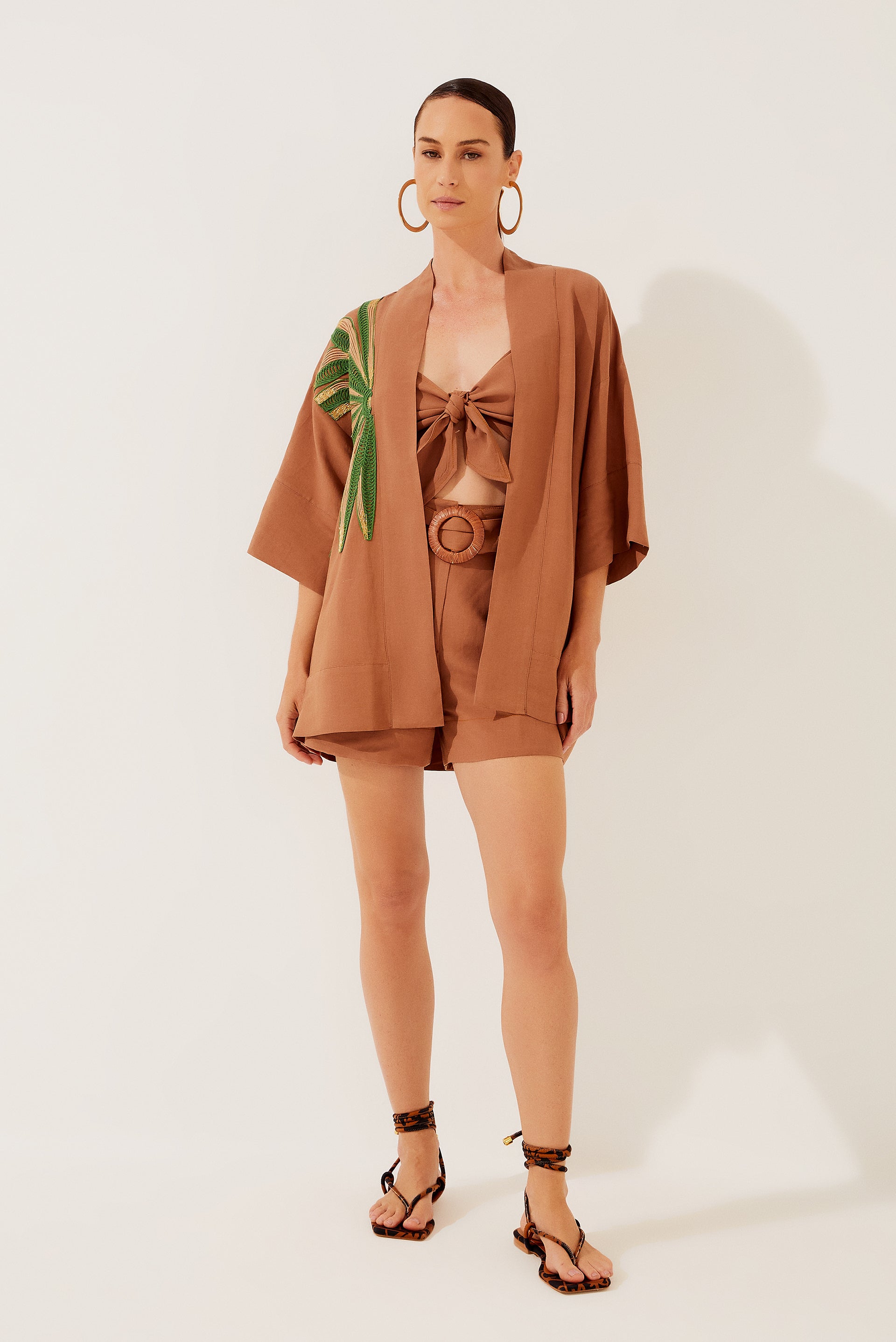 Embroidered Palm Tree Short Kimono Cape E4087A1272 - Product item main image
