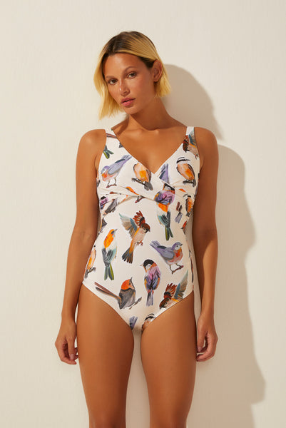 Bird Collage Criss Crossed Strappy One Piece Vera M08A1439 – Agua